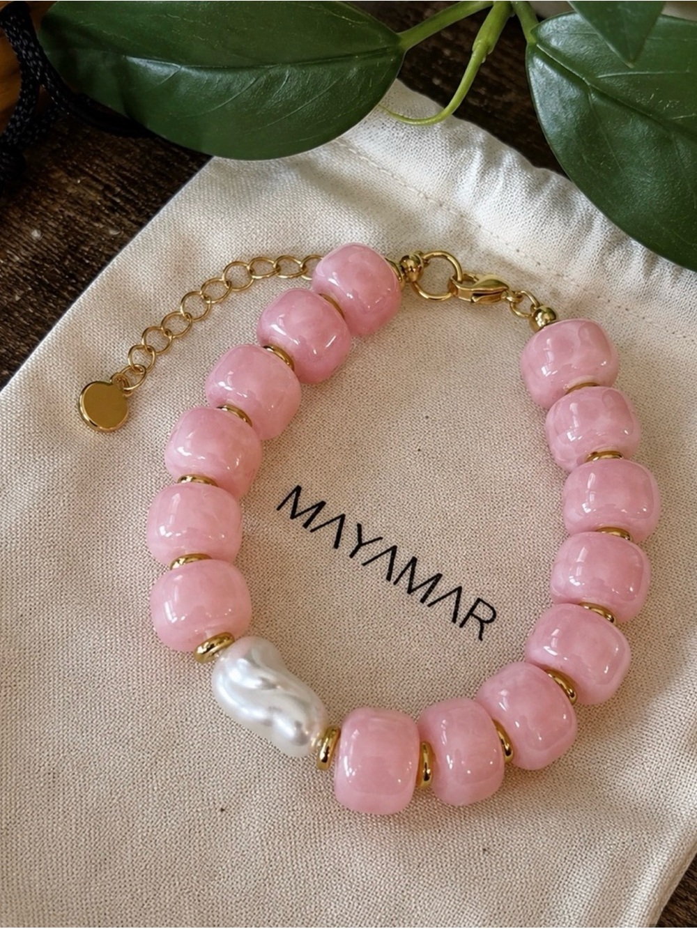 Mayamar Pink Glass Bead Bracelet with Pearl Accent and Gold Details New